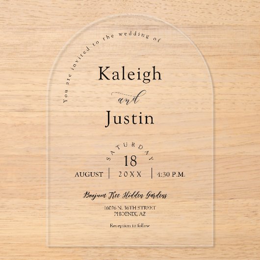 ミニマエレガントリストモダンボホアーチ結婚のカスタム アクリル招待状 (正面)