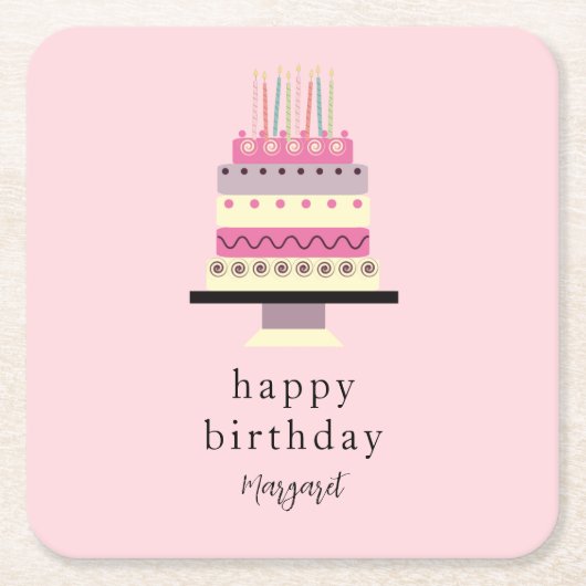 ミニマエレガントリストレトロおもしろいガーリーピンク誕生日 スクエアペーパーコースター (正面)