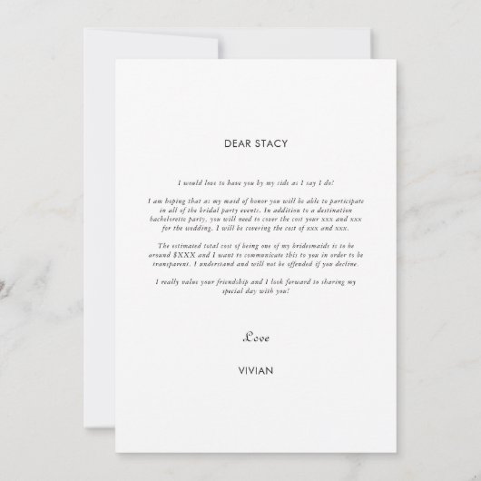 ミニマエレガントリスト写真Be Myメイド・オブ・オーナー(花嫁付き添い人) 招待状 (裏面)