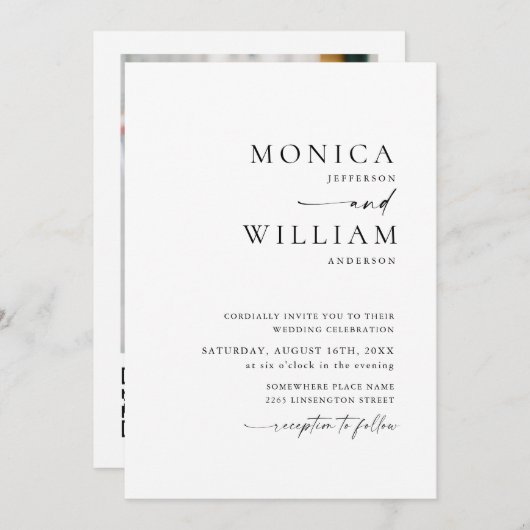 ミニマエレガントリスト写真QRコー結婚ド 招待状 (正面/裏面)