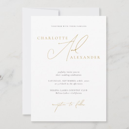 ミニマエレガントリスト書道ホワイト金ゴールド結婚ズ 招待状 (正面)