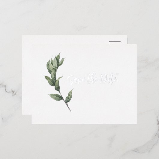 ミニマエレガントリスト植物性実在緑銀 箔招待状ポストカード (正面/裏面)