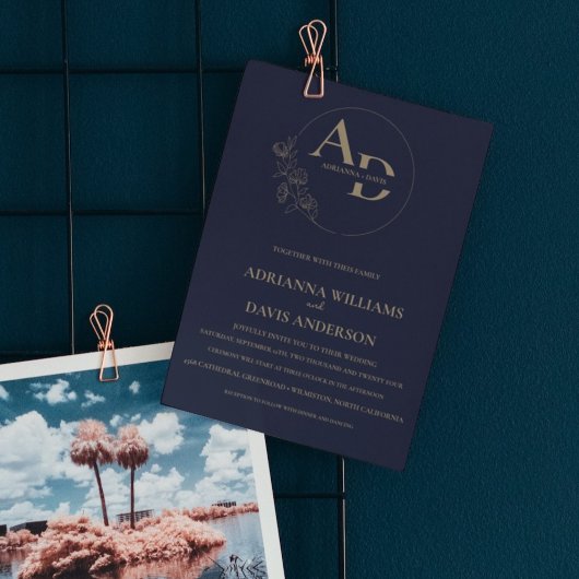 ミニマエレガントリスト海軍ブルー結婚モノグラム 招待状