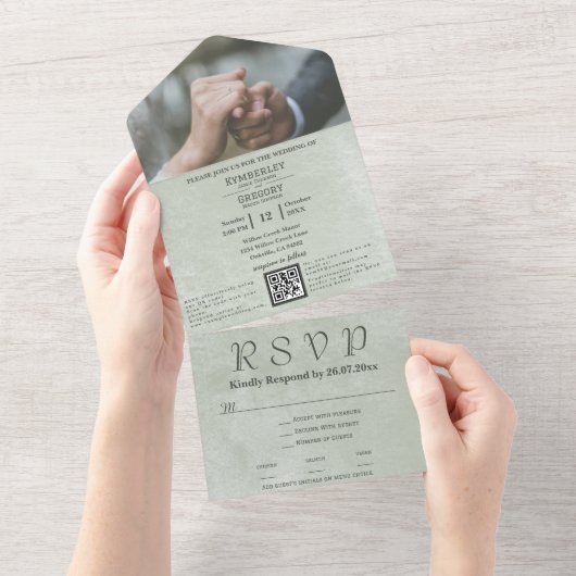 ミニマエレガントリスト淡い色のセージグリーンセラドンQRコード オールインワン招待状 (貼ってはがせる)