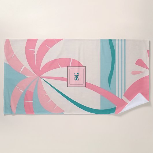 ミニマエレガントリスト熱帯ピンクティール（緑がかった色）モノグラム ビーチタオル (正面)
