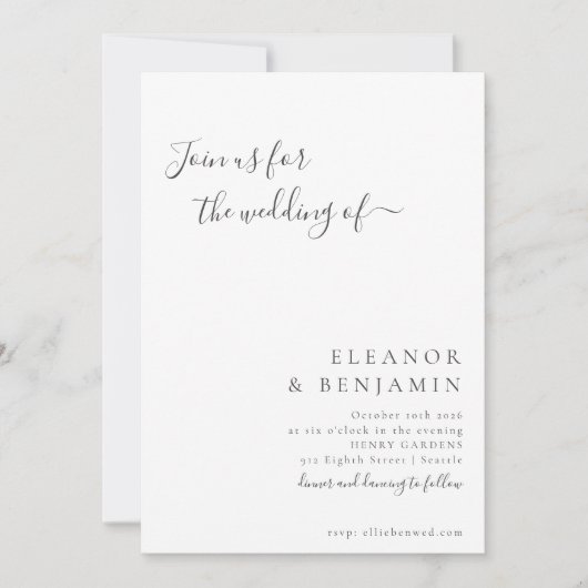 ミニマエレガントリスト白黒スクリプトウェディングRSVP 招待状 (正面)