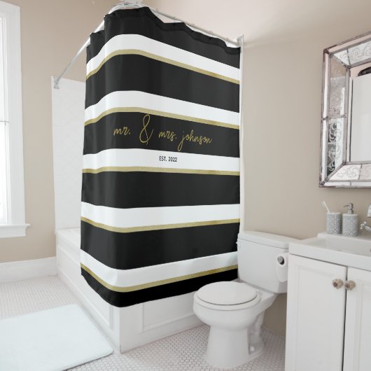 ミニマエレガントリスト白黒金ゴールド結婚カップル シャワーカーテン (インサイチュ)