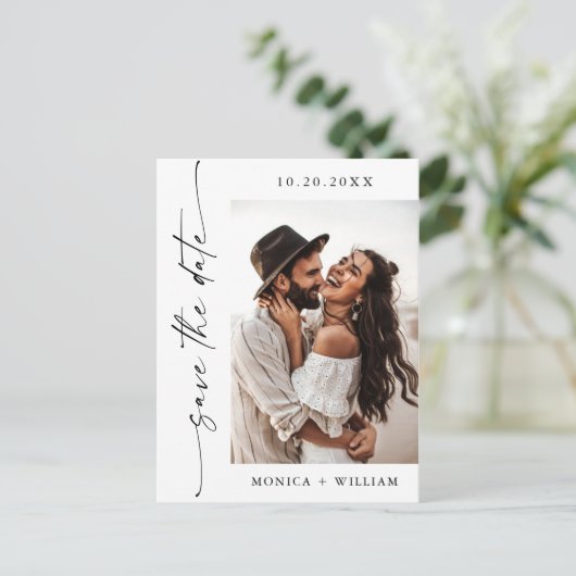 ミニマエレガントリスト結婚の写真QR日付を保存 ポストカード (スタンド正面)