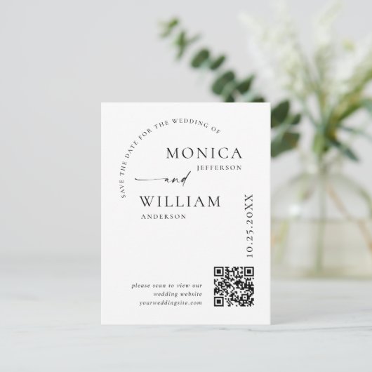 ミニマエレガントリスト結婚式の日付QRコードを保存 ポストカード (スタンド正面)