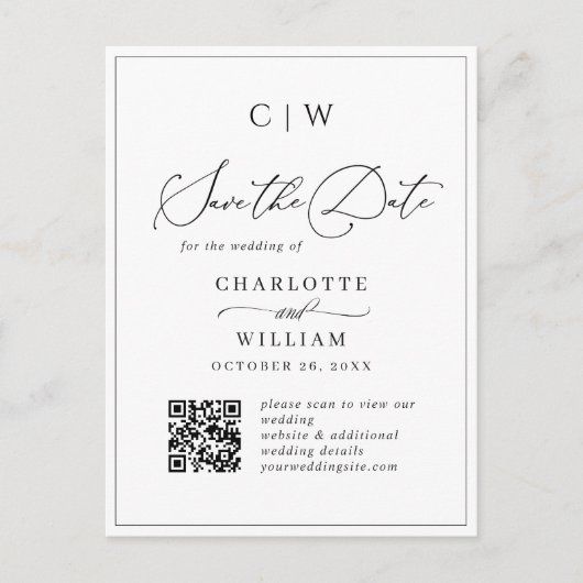 ミニマエレガントリスト結婚式の日付QRコードを保存 ポストカード (正面)