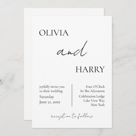 ミニマエレガントリスト結婚式招待状白黒 招待状 (正面/裏面)