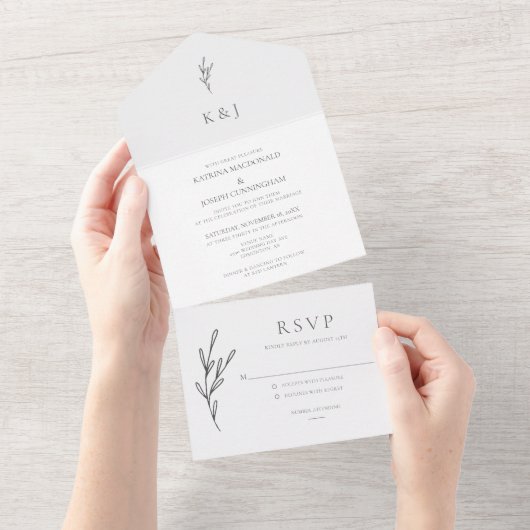 ミニマエレガントリスト結婚・モノグラム白黒 オールインワン招待状 (貼ってはがせる)