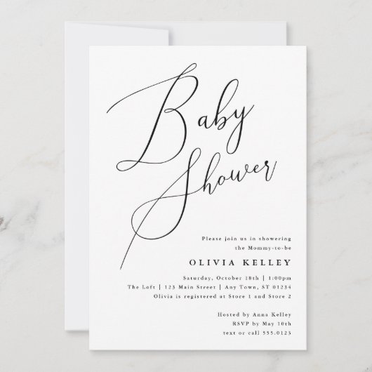 ミニマエレガントリスト赤ちゃんシャワー白黒 招待状 (正面)