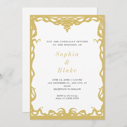 ミニマエレガントリスト金ゴールドとホワイトアールデコ結婚ズ 招待状 (正面/裏面)