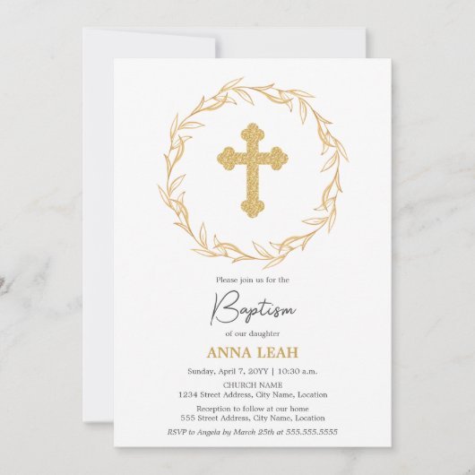 ミニマエレガントリスト金ゴールドクロスリースバプテスマ 招待状 (正面)