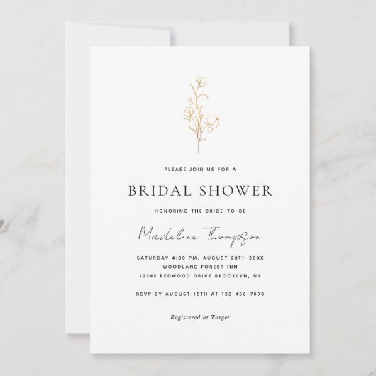 ミニマエレガントリスト金ゴールドフローラブライダルシャワー 招待状 (正面)