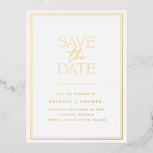 ミニマエレガントリスト金箔の日付を保存 箔招待状ポストカード (正面)