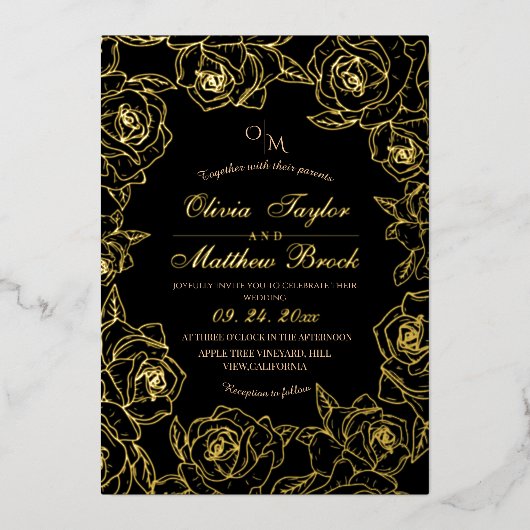 ミニマエレガントリスト黒と金ゴールドの結婚花 箔招待状 (正面)