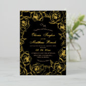 ミニマエレガントリスト黒と金ゴールドの結婚花 箔招待状 (立ち正面)