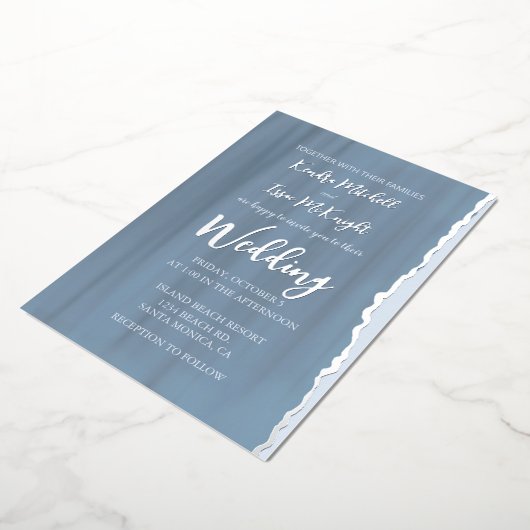 ミニマエレガントリモダンム石板ブルー結婚ズ 箔招待状 (回転した状態)