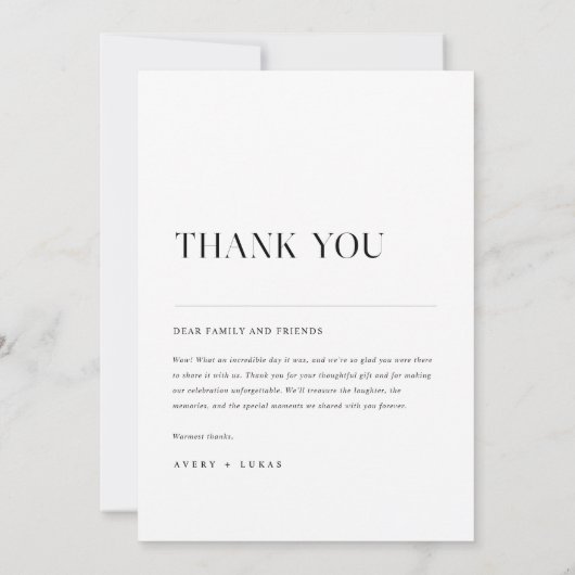 ミニマエレガントルシンプルタイポグラフィ写真結婚の サンキューカード (裏面)