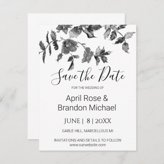 ミニマエレガントルモダン白黒野花 セーブザデート (正面/裏面)