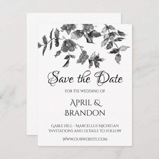 ミニマエレガントルモダン白黒野花 セーブザデート (正面/裏面)