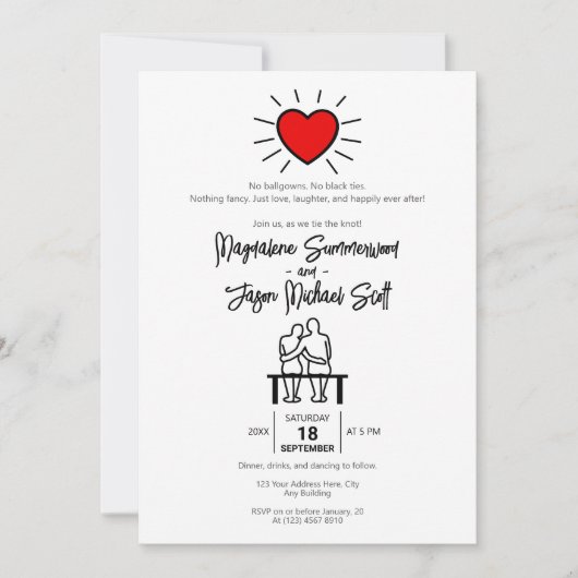 ミニマカジュアルリストの赤いハート手描きカップル 招待状 (正面)