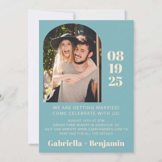 ミニマカジュアルリストティール(緑がかった色)ブルー結婚ズ 招待状 (正面)