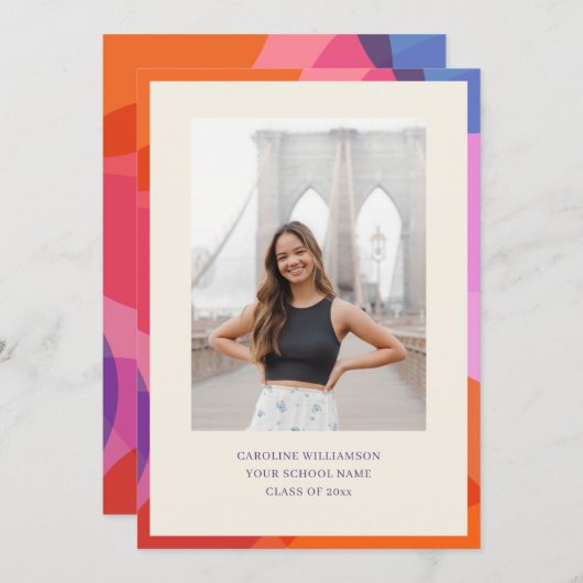 ミニマカラフル縁どモダン者の卒業写真 案内状 (正面/裏面)