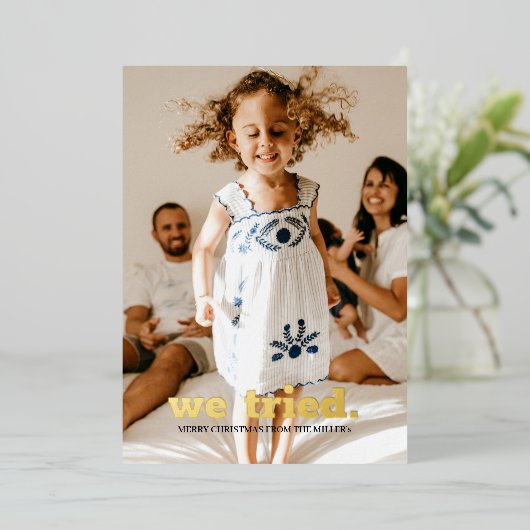 ミニマクラシックリストのおもしろい写真クリスマス私たちが試した 箔招待状 (立ち正面)