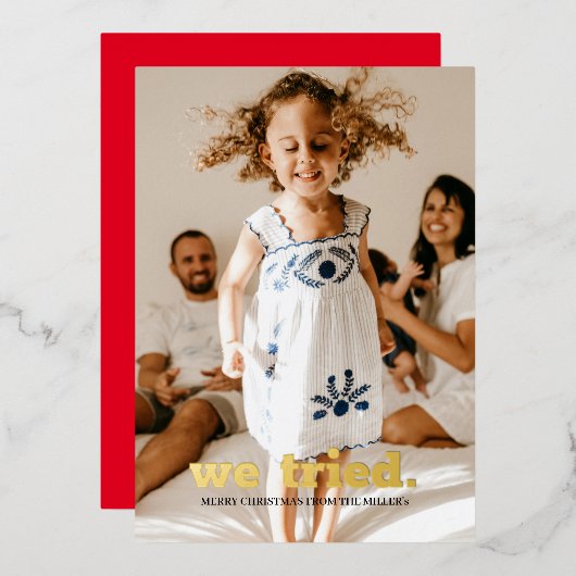 ミニマクラシックリストのおもしろい写真クリスマス私たちが試した 箔招待状 (正面/裏面)