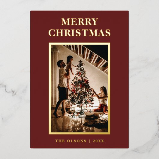 ミニマクラシックリストのクリスマスレッド文字と写真 箔シーズンカード (正面)