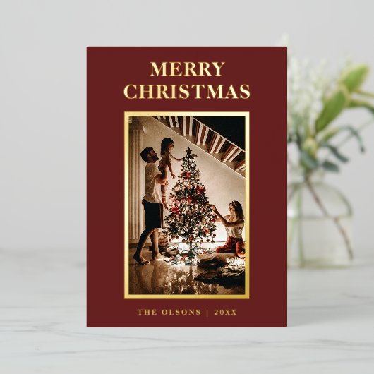 ミニマクラシックリストのクリスマスレッド文字と写真 箔シーズンカード (立ち正面)