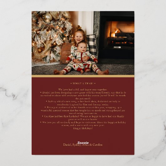 ミニマクラシックリストのクリスマスレッド文字と写真 箔シーズンカード (裏面)