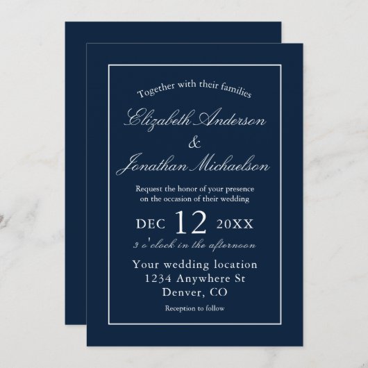 ミニマクラシックリストのネイビー結婚ブルー 招待状 (正面/裏面)