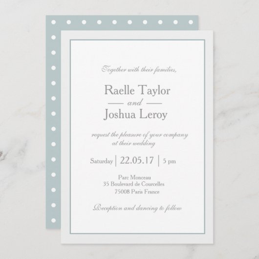 ミニマクラシックリストの青い灰色の水玉模様結婚ズ 招待状 (正面/裏面)