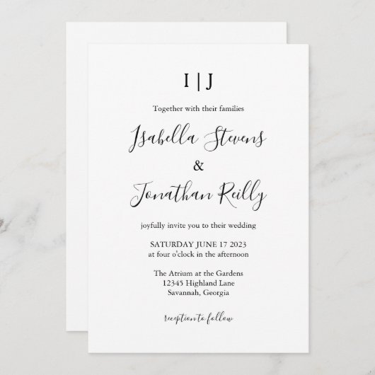 ミニマクラシックリストの黒と白結婚の 招待状 (正面/裏面)