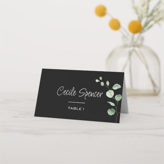 ミニマクラシックリストユーカリプタスブラック結婚ズ プレイスカード (正面)
