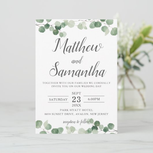 ミニマクラシックリストユーカリプタス結婚グリーン 招待状 (スタンド正面)