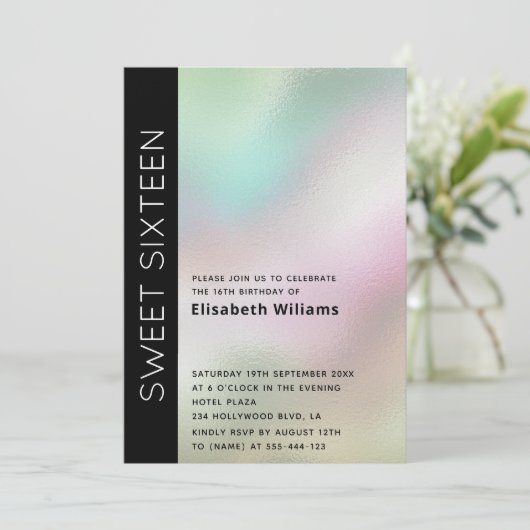 ミニマクールリストタイポグラフィホログラフィックスイート16 招待状 (スタンド正面)