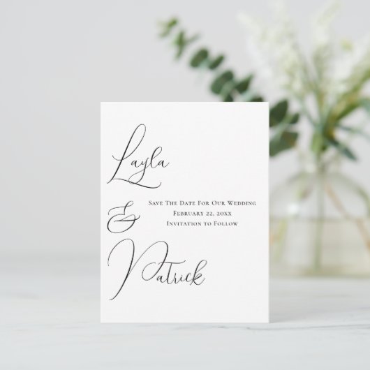 ミニマコンテンポラリーリストの結婚式の日付を保存 ポストカード (スタンド正面)