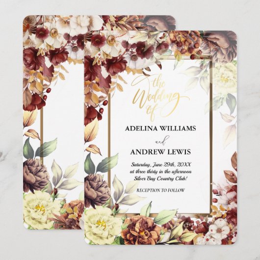 ミニマシンプルリストかわいいバラ金ゴールド結婚フレーム 招待状 (正面/裏面)