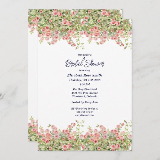 ミニマシンプルリストかわいらしバラつる植物ブライダルシャワー 招待状 (正面/裏面)