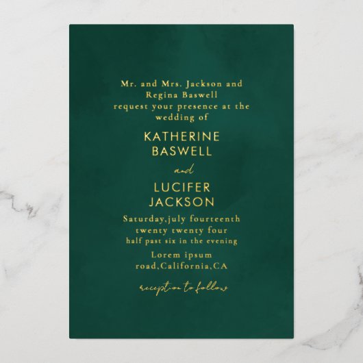 ミニマシンプルリストのエメラルド結婚グリーンの金ゴールド 箔招待状 (正面)