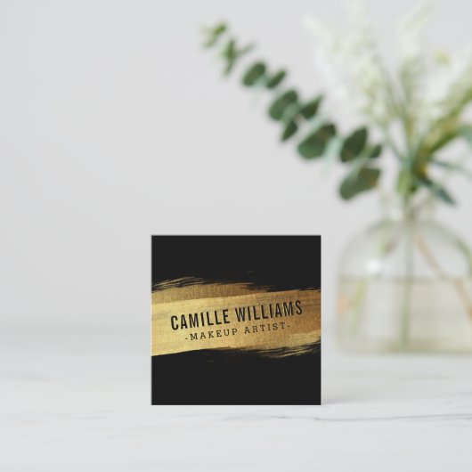 ミニマシンプルリストのグラムフェイク金ゴールド箔ブラシストローク スクエア名刺 (スタンド正面)