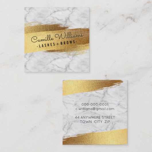 ミニマシンプルリストのグラムフェイク金ゴールド箔ブラシ大理石 スクエア名刺 (正面/裏面)