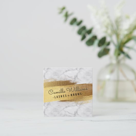 ミニマシンプルリストのグラムフェイク金ゴールド箔ブラシ大理石 スクエア名刺 (スタンド正面)