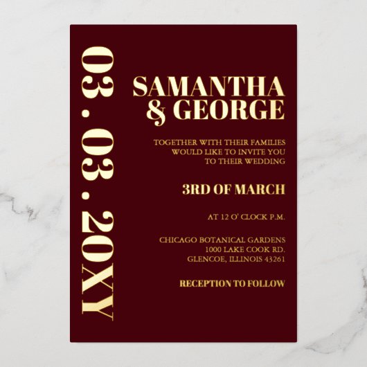 ミニマシンプルリストのバモダンルガン結婚ディ 箔招待状 (正面)