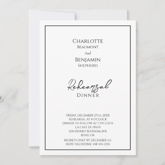 ミニマシンプルリストのリハ結婚ーサルディナー 招待状 (正面)